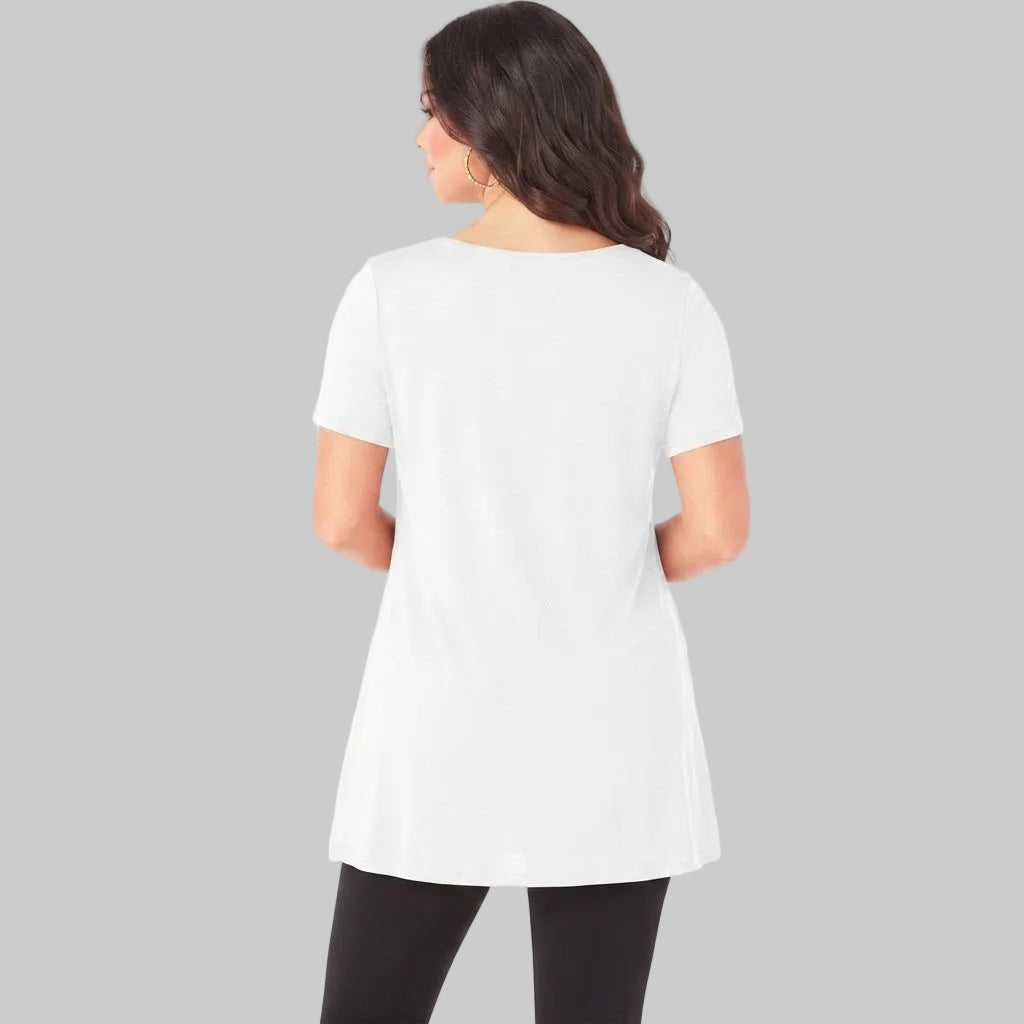 White Crisscross Short Sleeve Tunic T-Shirt made from soft jersey fabric with a relaxed fit and stylish crisscross neckline