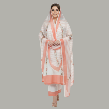 Peach Border Floral 3-Piece Cotton Silk Suit PSW-10092