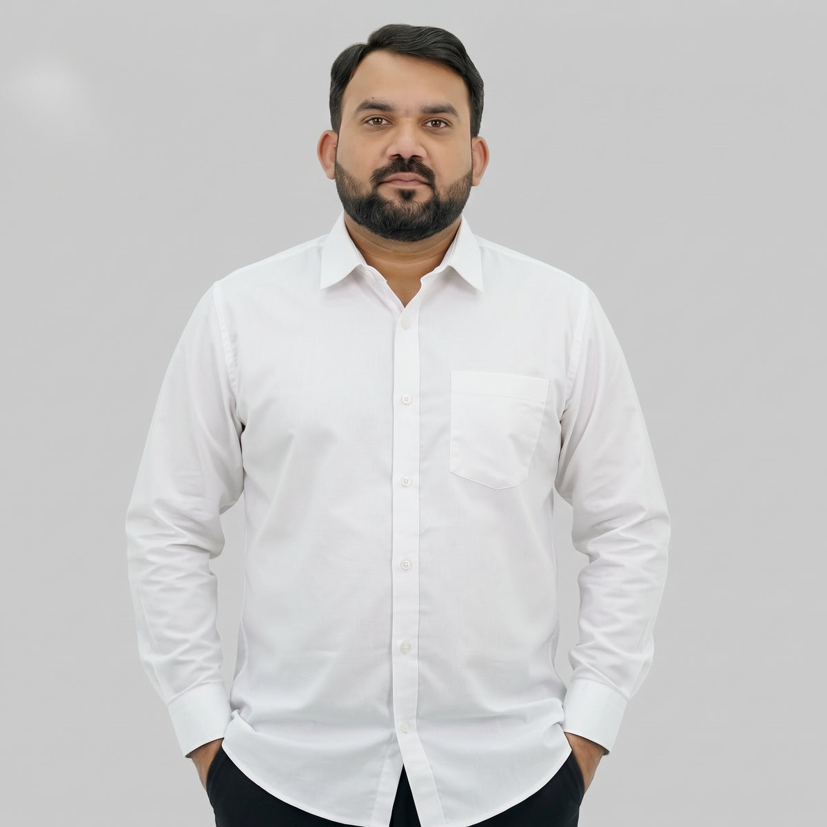 White full-sleeve casual cotton shirt with classic button-front design 