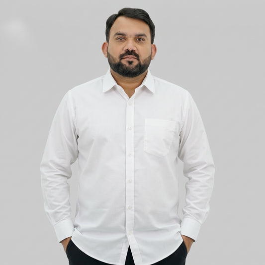 White full-sleeve casual cotton shirt with classic button-front design 