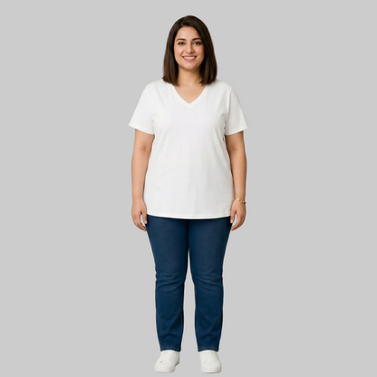 White Perfect Short-Sleeve V-Neck Tee with a classic V-neckline and relaxed fit for comfortable everyday wear