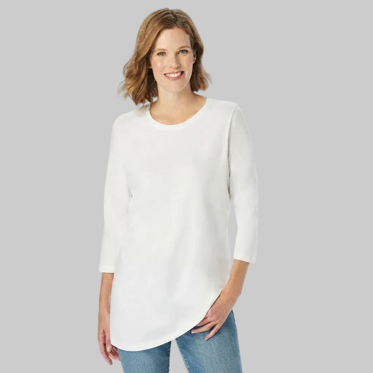 White Perfect Three-Quarter Sleeve Crewneck T-Shirt made from soft cotton blend fabric, front view on a white background.