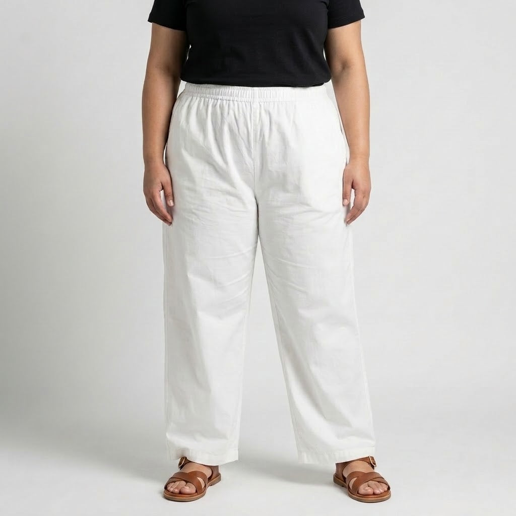 White Plus Size Elastic Waist Trouser made from Cotton Lawn fabric