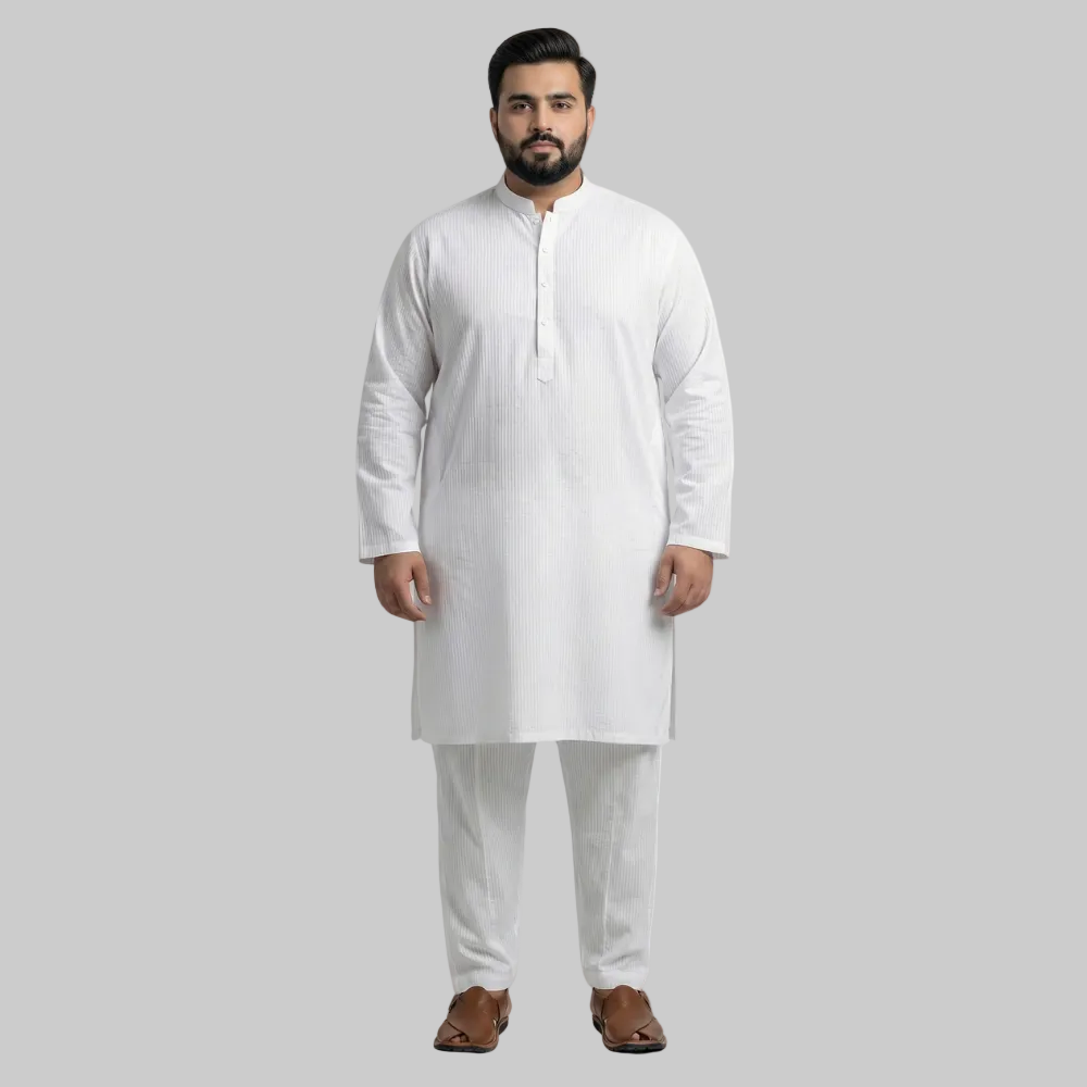 White Self Jacquard Premium Plus Size Kurta Pajama PSM-10840