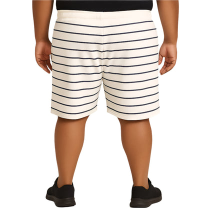 White plus size terry shorts with horizontal stripes and elastic waistband