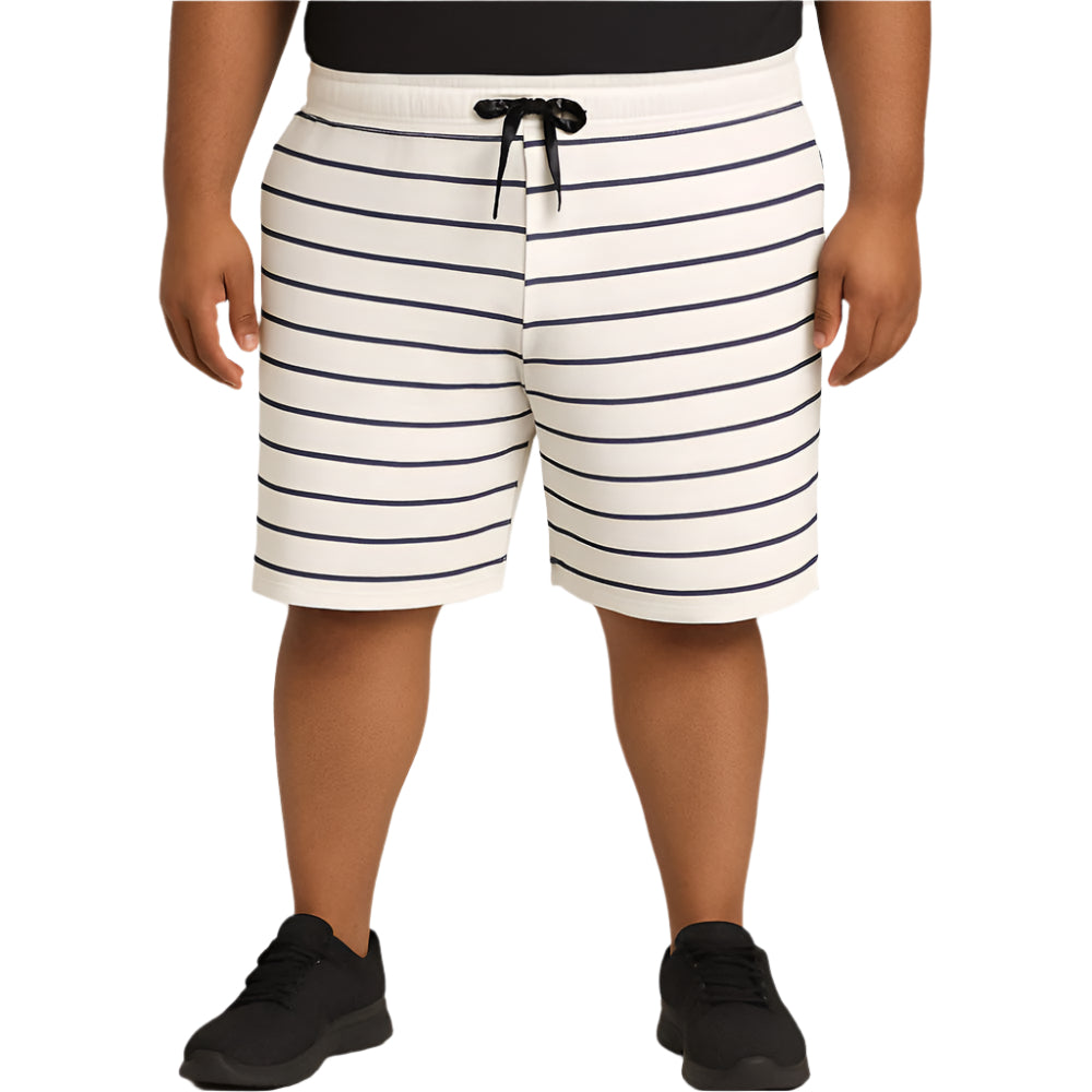 White plus size terry shorts with horizontal stripes and elastic waistband