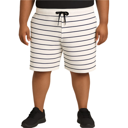 White plus size terry shorts with horizontal stripes and elastic waistband