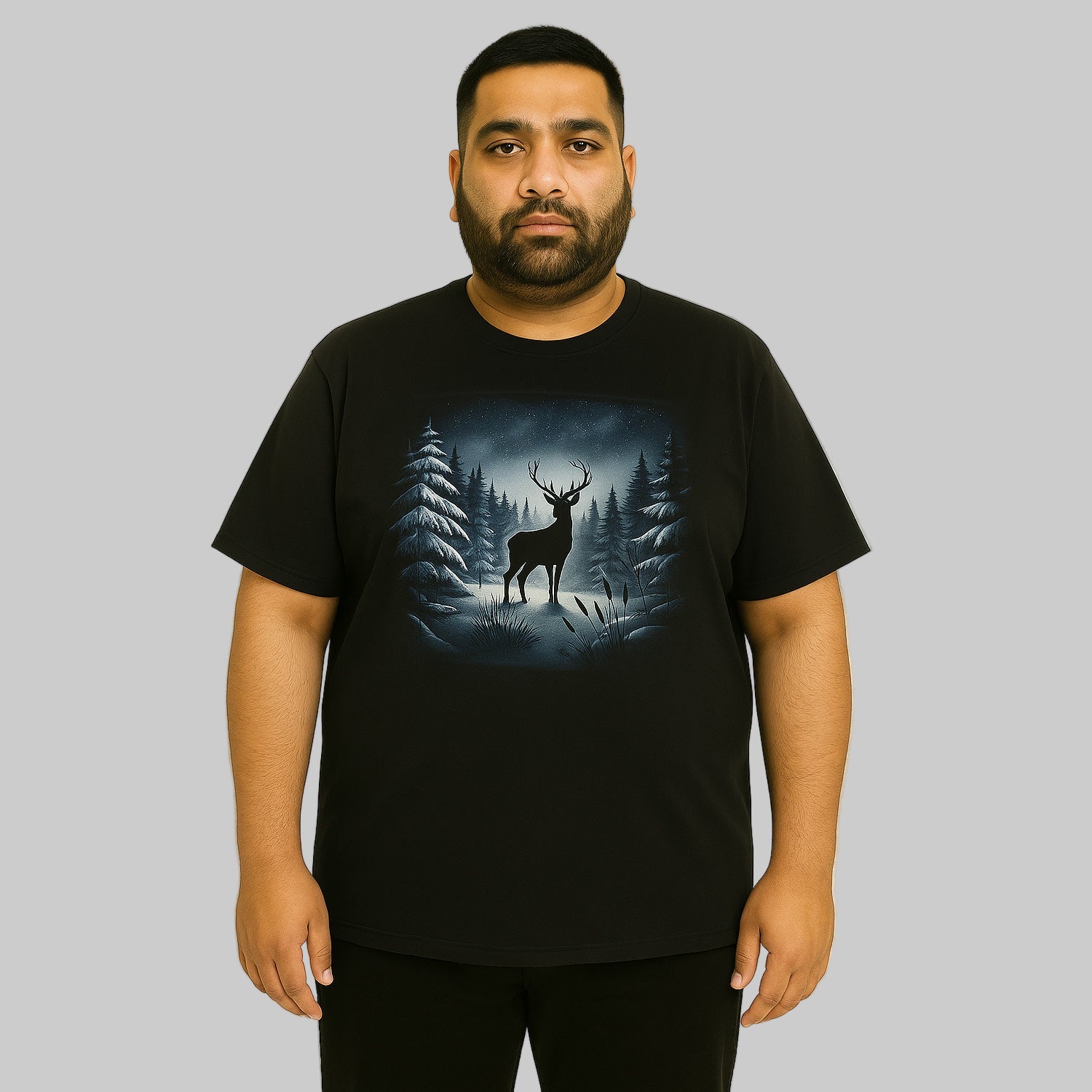 Winter animal nature graphic tee for big & tall men. Relaxed fit, long length, soft cotton-poly blend, perfect for everyday outdoor style.