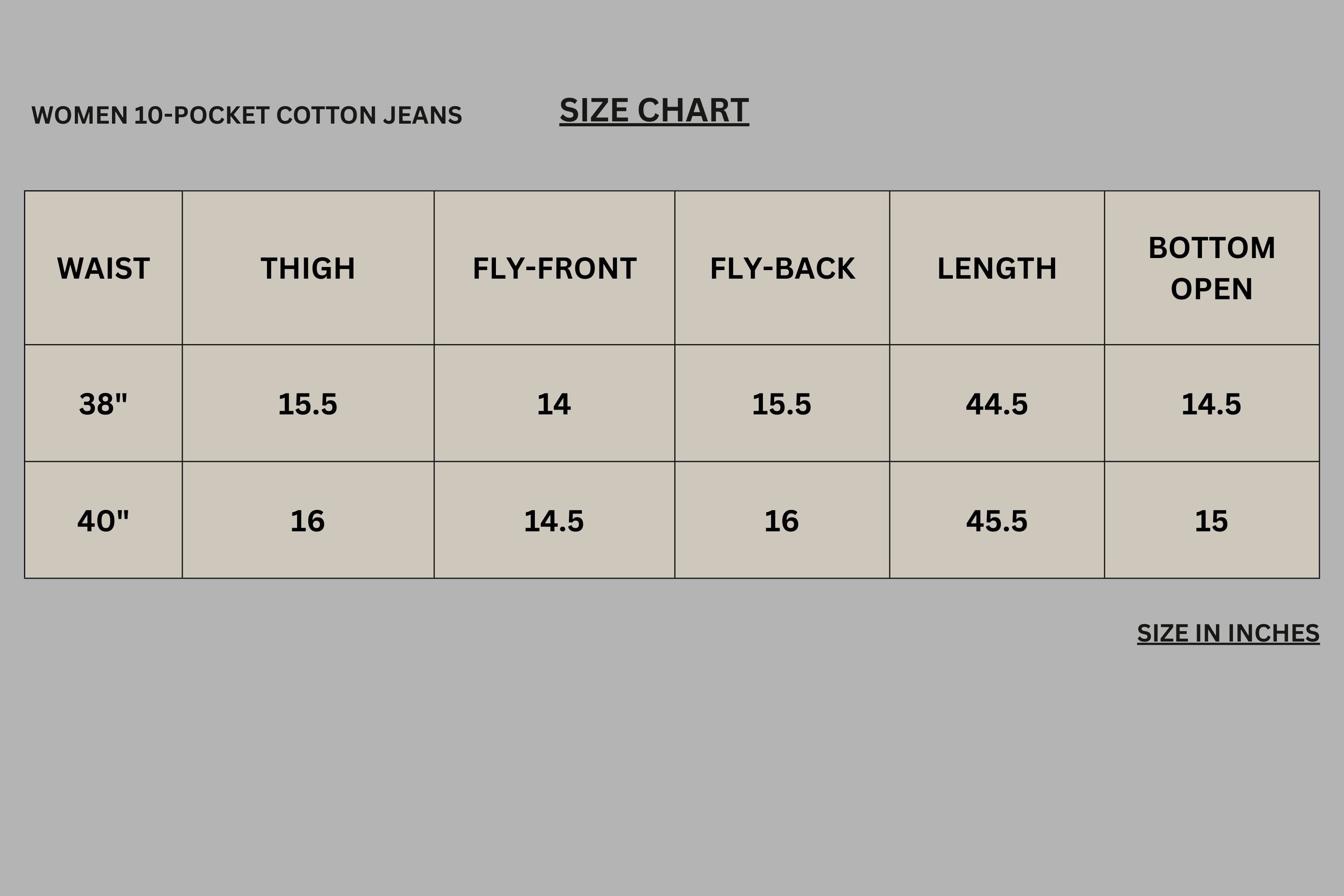 Size chart for Jet Black 10-Pocket Cotton Jeans PSW-10978