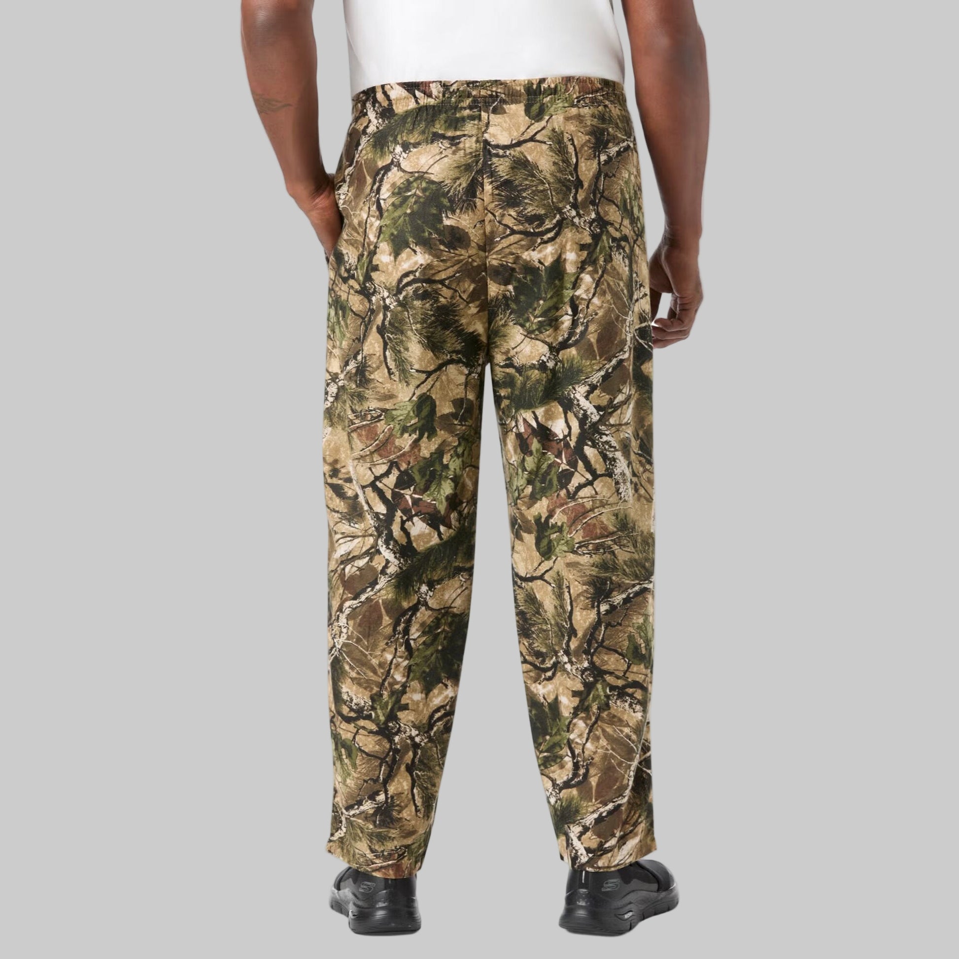 Men’s Wood Camo flannel pajama pants with elastic waistband, drawstring, button fly, side pockets, and camo print.