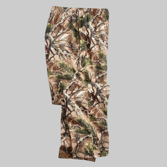 Men’s Wood Camo flannel pajama pants with elastic waistband, drawstring, button fly, side pockets, and camo print.