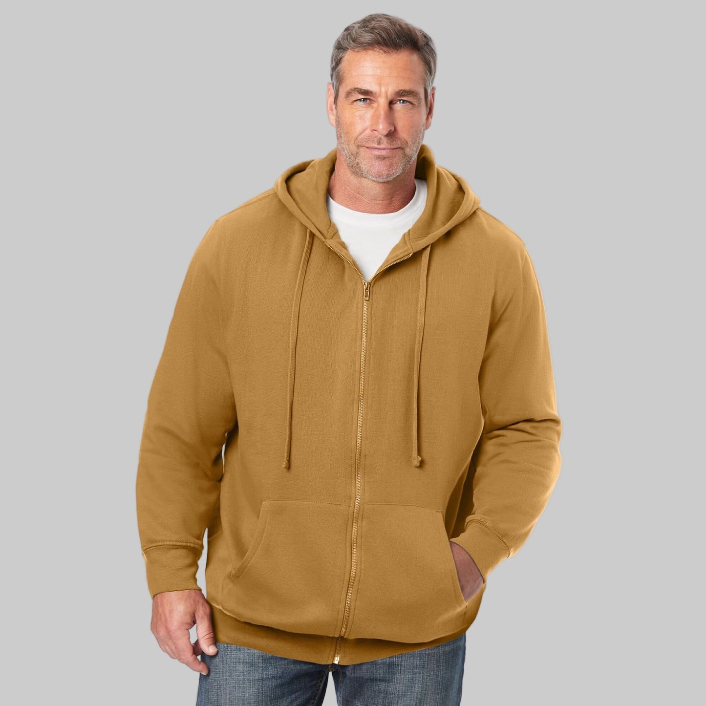 Wood brown fleece zip-front hoodie with drawstring hood, rib-knit cuffs, and front pockets — soft cotton-poly casual wear for cool weather.