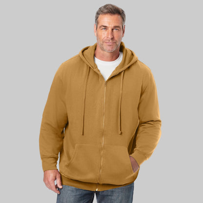 Wood brown fleece zip-front hoodie with drawstring hood, rib-knit cuffs, and front pockets — soft cotton-poly casual wear for cool weather.