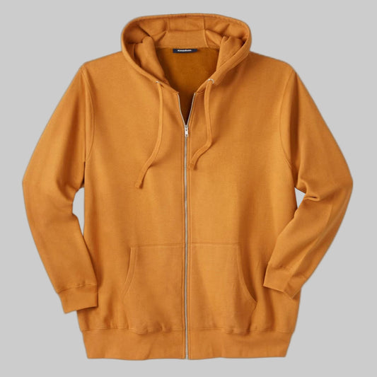 Wood brown fleece zip-front hoodie with drawstring hood, rib-knit cuffs, and front pockets — soft cotton-poly casual wear for cool weather.