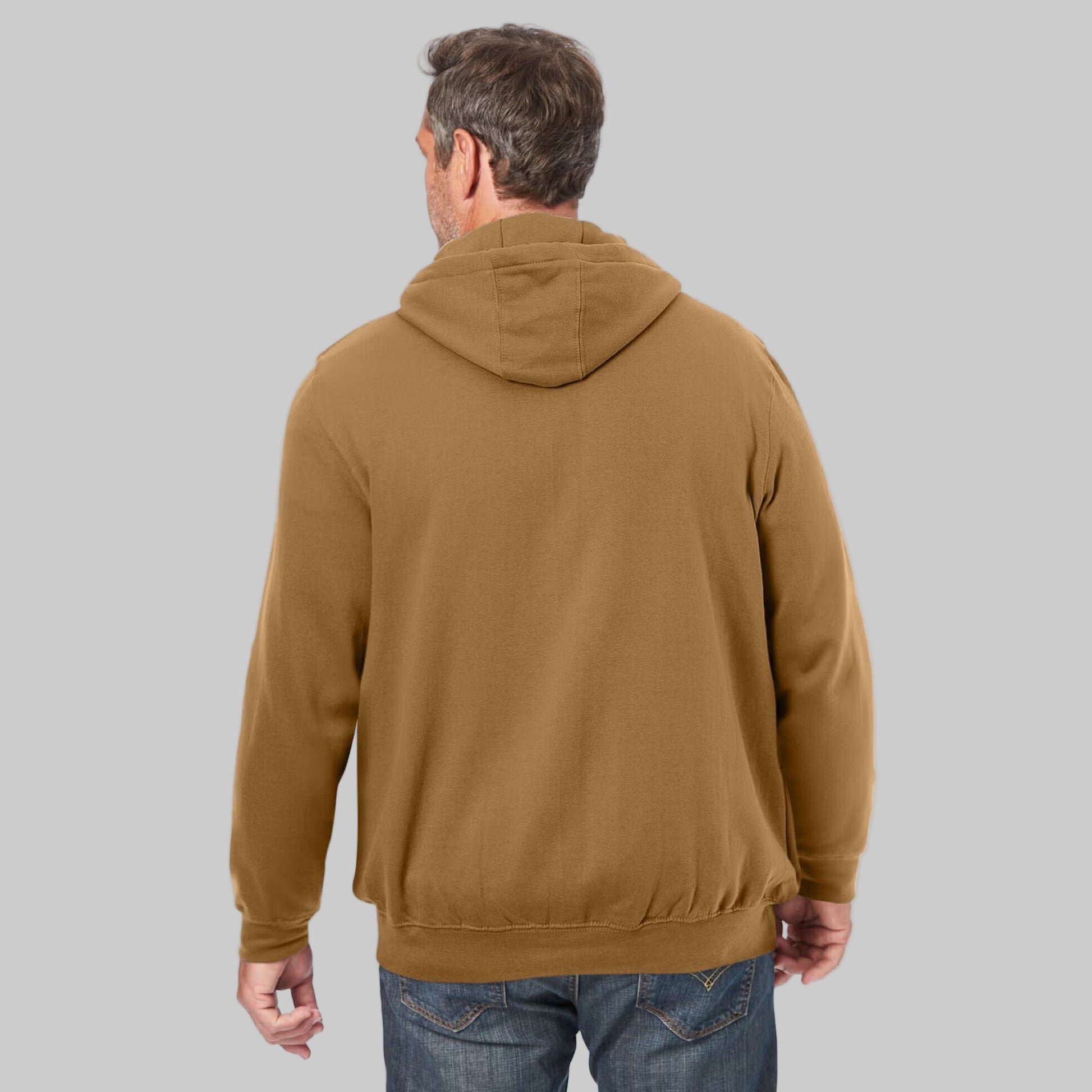 Wood brown fleece zip-front hoodie with drawstring hood, rib-knit cuffs, and front pockets — soft cotton-poly casual wear for cool weather.