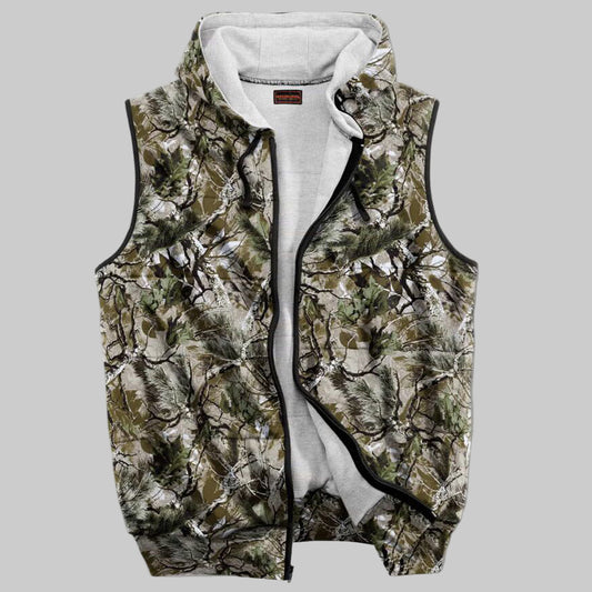 Woods camo thermal-lined fleece hoodie with drawstring hood, full zip front, rib-knit waist, and soft fleece texture for cold-weather comfort.