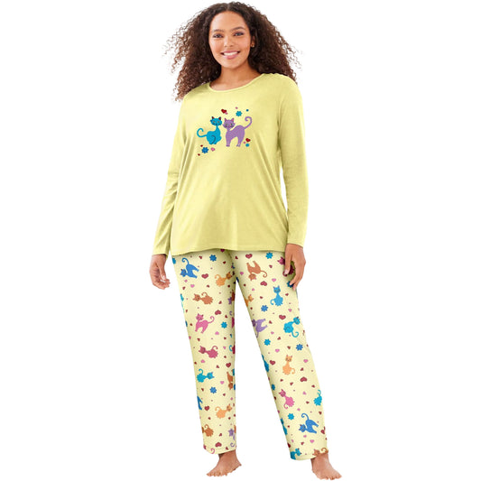 Yellow Graphic Long Sleeve Knit Pajama Set – Cozy Cotton Sleepwear