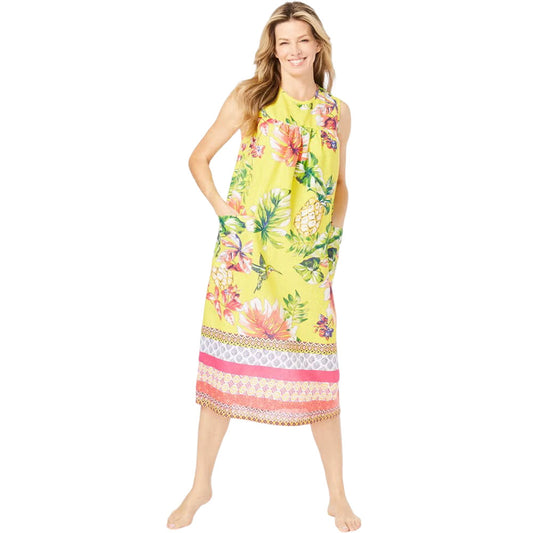 Yellow sleeveless lounger with bright hummingbird print and soft breathable fabric

