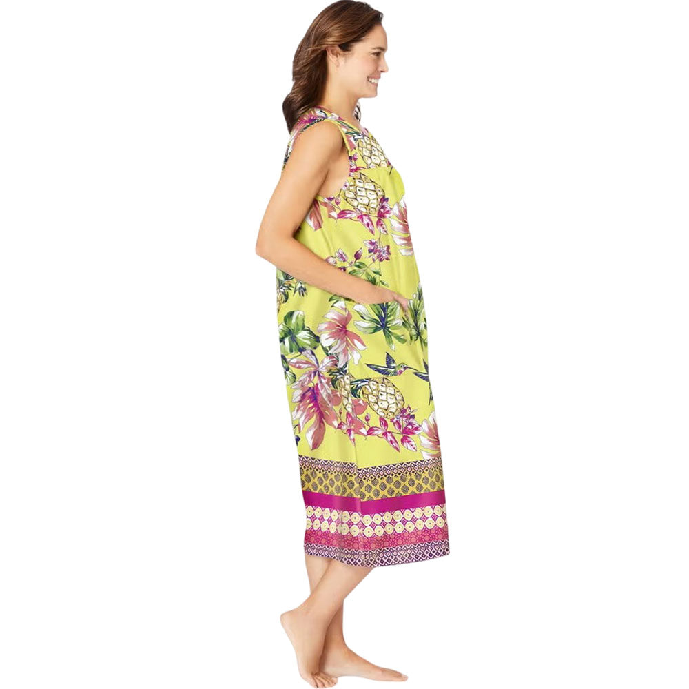 Yellow sleeveless lounger with bright hummingbird print and soft breathable fabric


