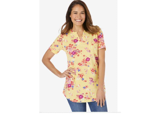 Yellow Floral Notch Neck Short Sleeve T-Shirt PSW-4888