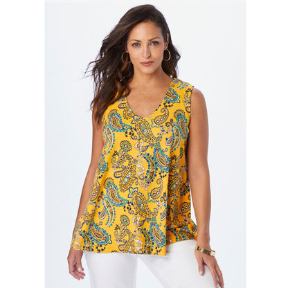 Yellow Paisley Stretch Cotton V-Neck Trapeze Tank PSW-7960