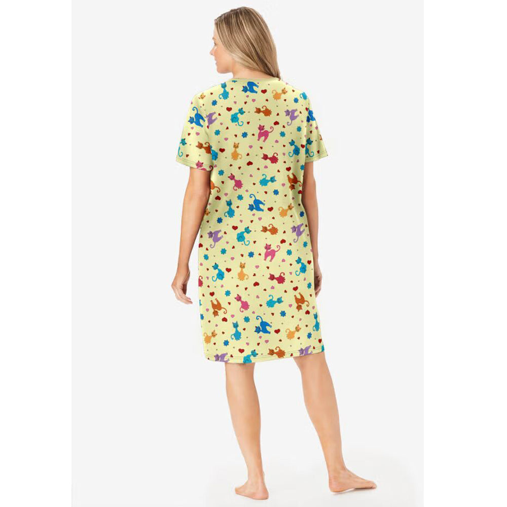 Plus size yellow playful print short sleepshirt in breathable cotton with V-neck, relaxed fit, and 40" coverage.