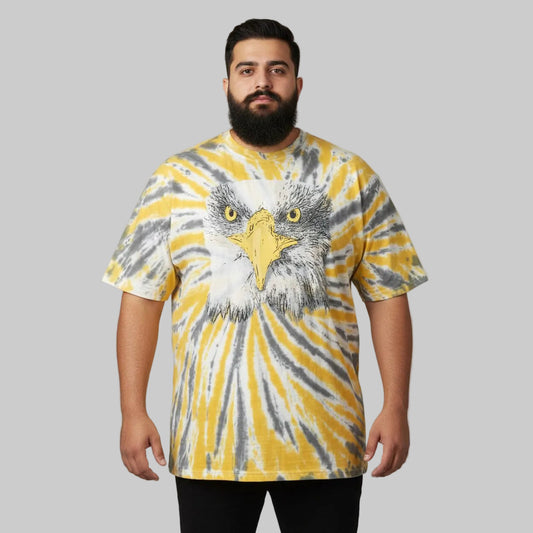 Yellow and grey tie dye big and tall eagle graphic cotton T-shirt for men