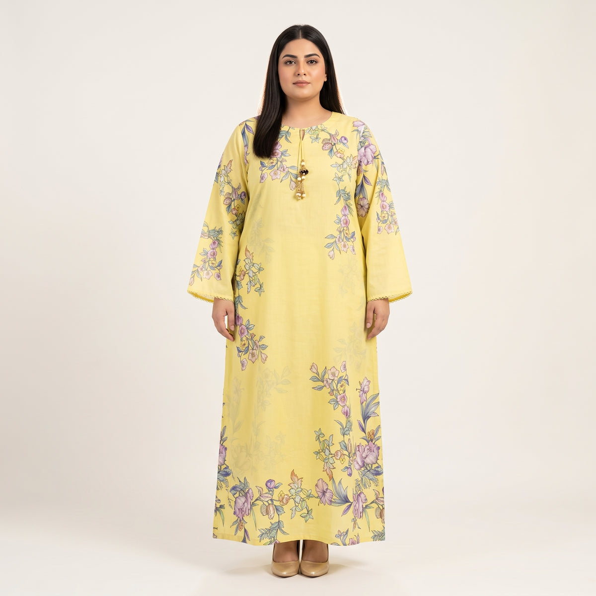 Yellow floral print Poly Lawn Kaftan for women