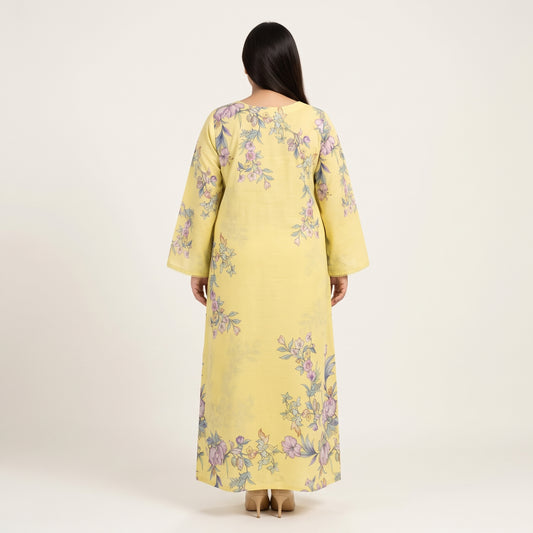 Yellow floral print Poly Lawn Kaftan for women