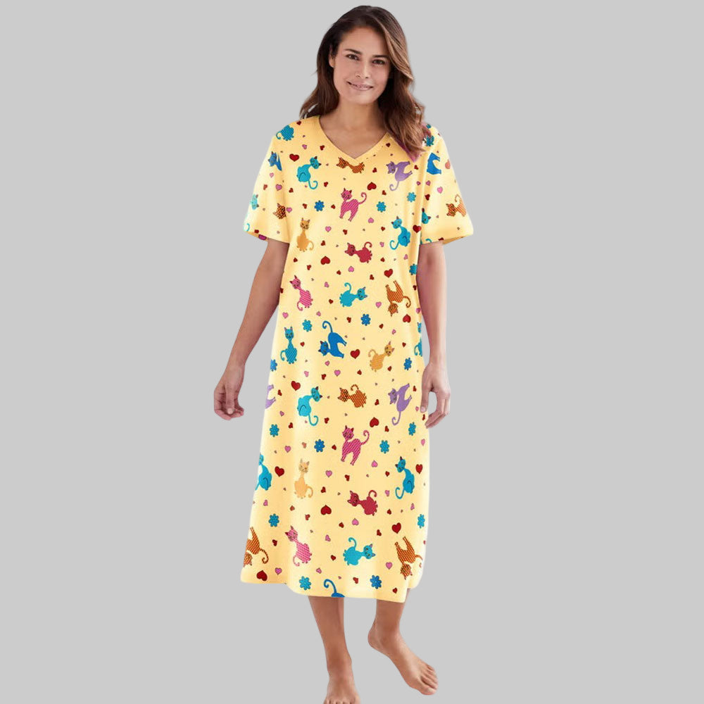 Women's Yellow Play Long Printed B Grade Sleepshirt made from soft cotton-blend fabric with a playful all-over print, relaxed fit, and long-length design, front view.