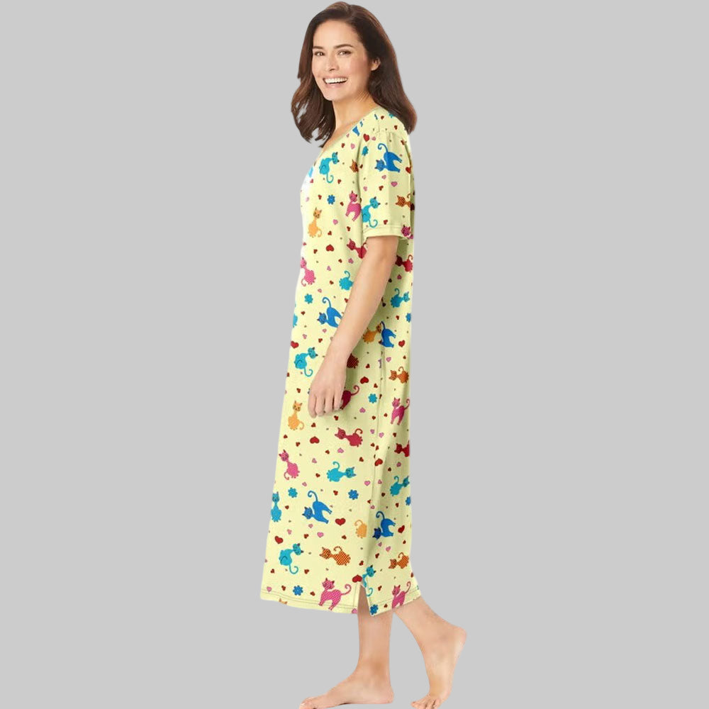 Women's Yellow Play Long Printed B Grade Sleepshirt made from soft cotton-blend fabric with a playful all-over print, relaxed fit, and long-length design, front view.