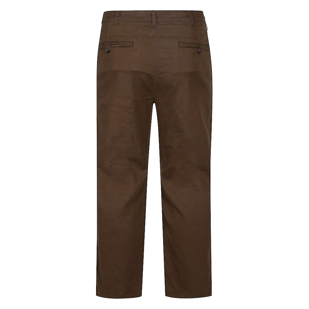 Men’s Brown Cotton Stretch Chino Pant with straight-leg fit, button and zip fastening, front hand pockets, and rear buttoned pockets in a cotton-elastane blend.