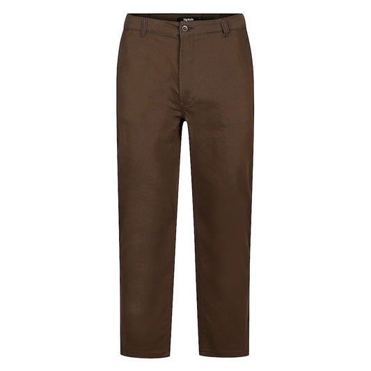Men’s Brown Cotton Stretch Chino Pant with straight-leg fit, button and zip fastening, front hand pockets, and rear buttoned pockets in a cotton-elastane blend.
