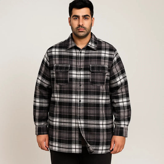 Black Plaid Fleece-Lined Flannel Shirt Jacket PSM-6580