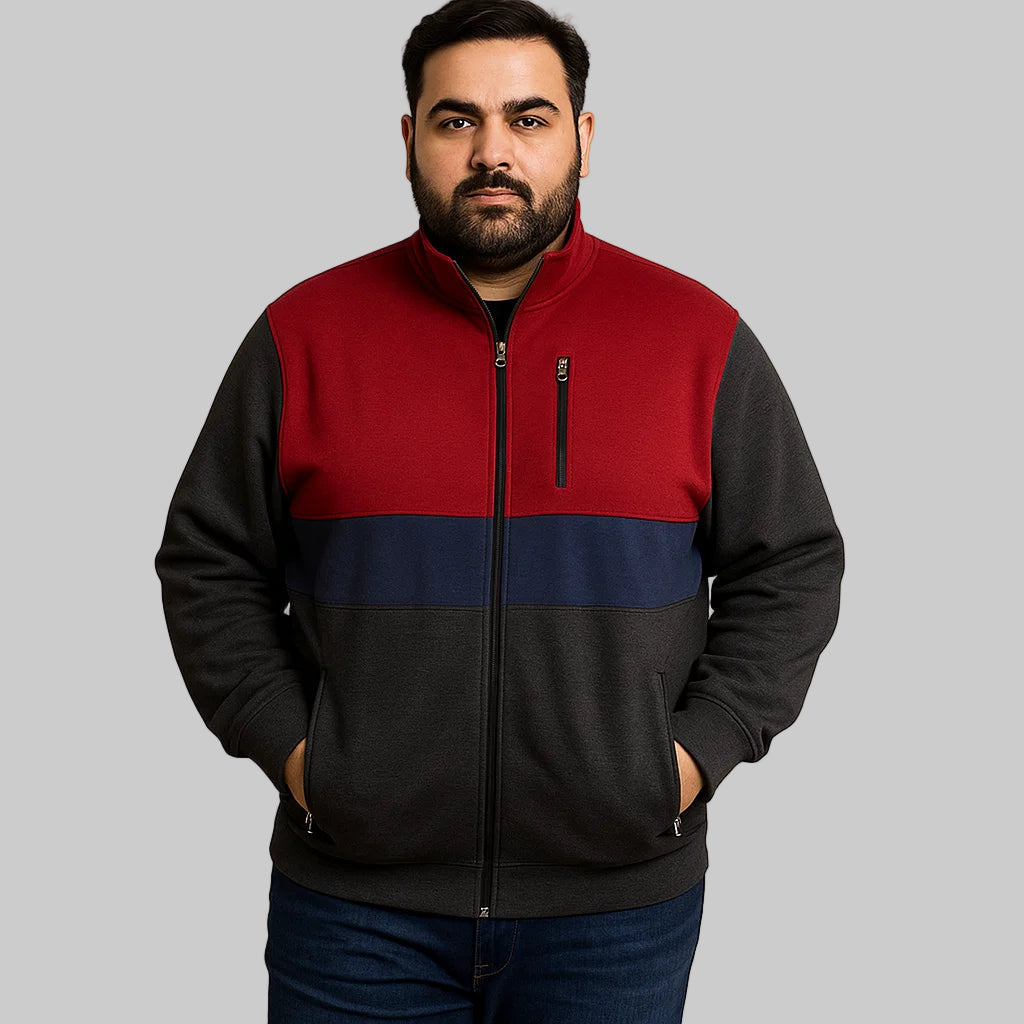 Heather charcoal colorblock full-zip fleece jacket with rib-knit trim, front zipper pockets, and soft inner lining — casual cool-weather outerwear.