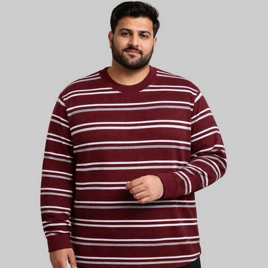 Rich burgundy stripe big and tall waffle-knit thermal crewneck shirt for men