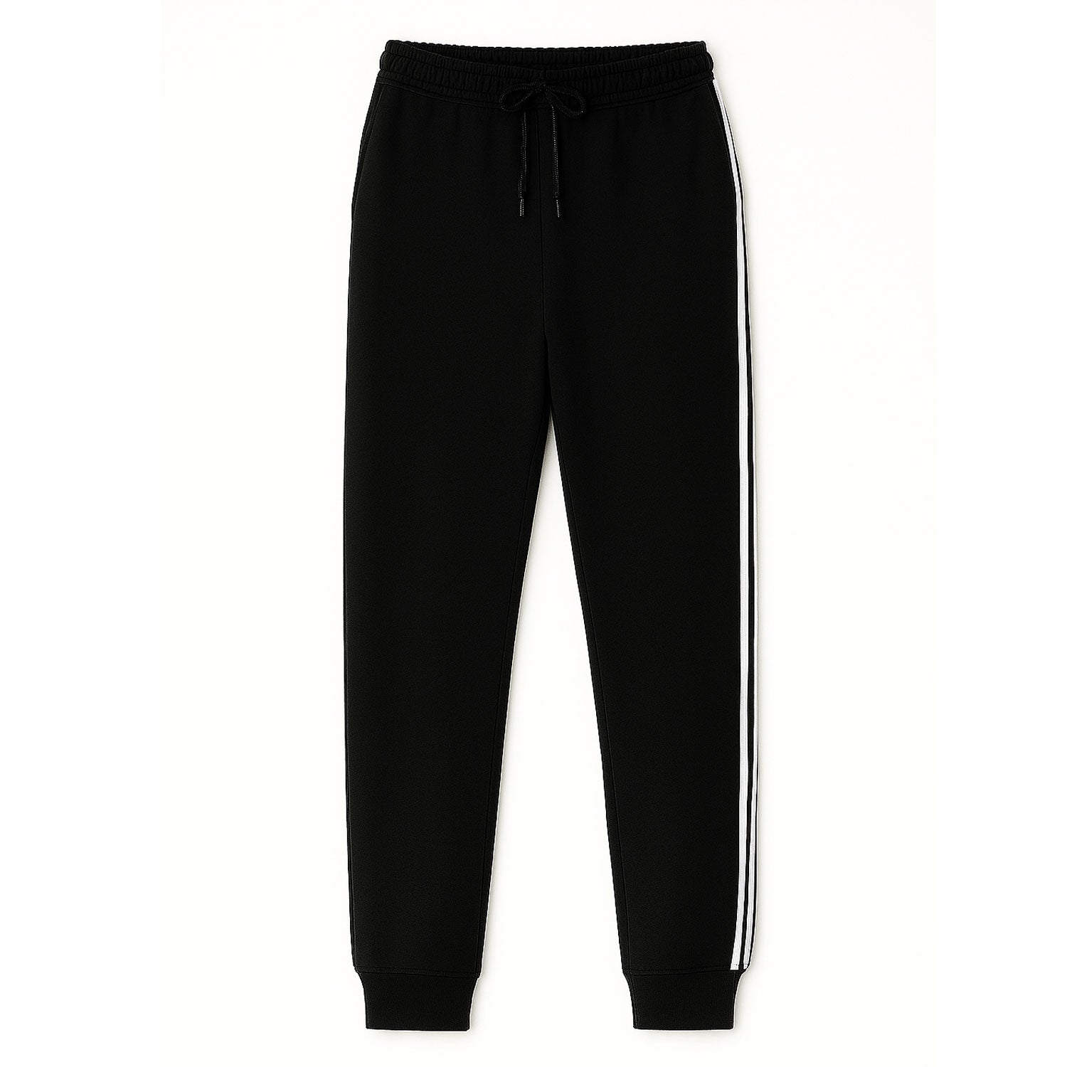 Black terry cuffed plus size trousers with side stripes and drawstring waist