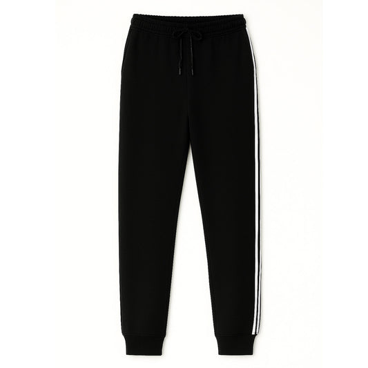 Black terry cuffed plus size trousers with side stripes and drawstring waist