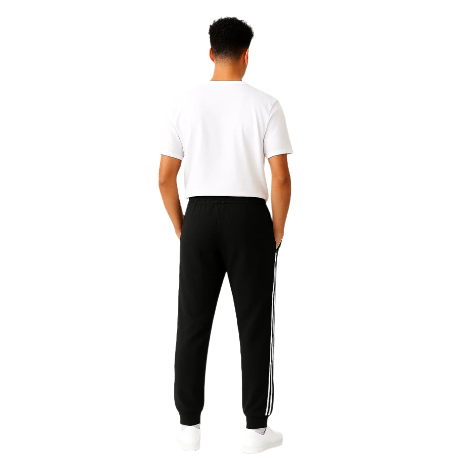 Black terry cuffed plus size trousers with side stripes and drawstring waist