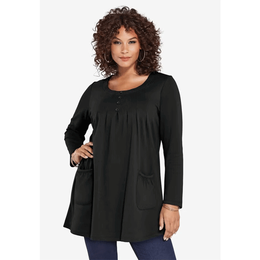 Black Long Sleeve Two Pocket Soft Knit Tunic PSW-9127