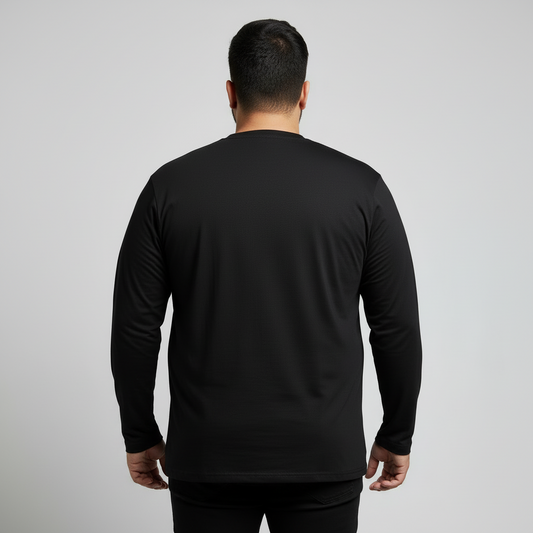 Black plus size jersey long sleeve t-shirt for men in soft cotton fabric, relaxed comfortable fit, full sleeves, crew neck style, ideal for everyday casual wear.