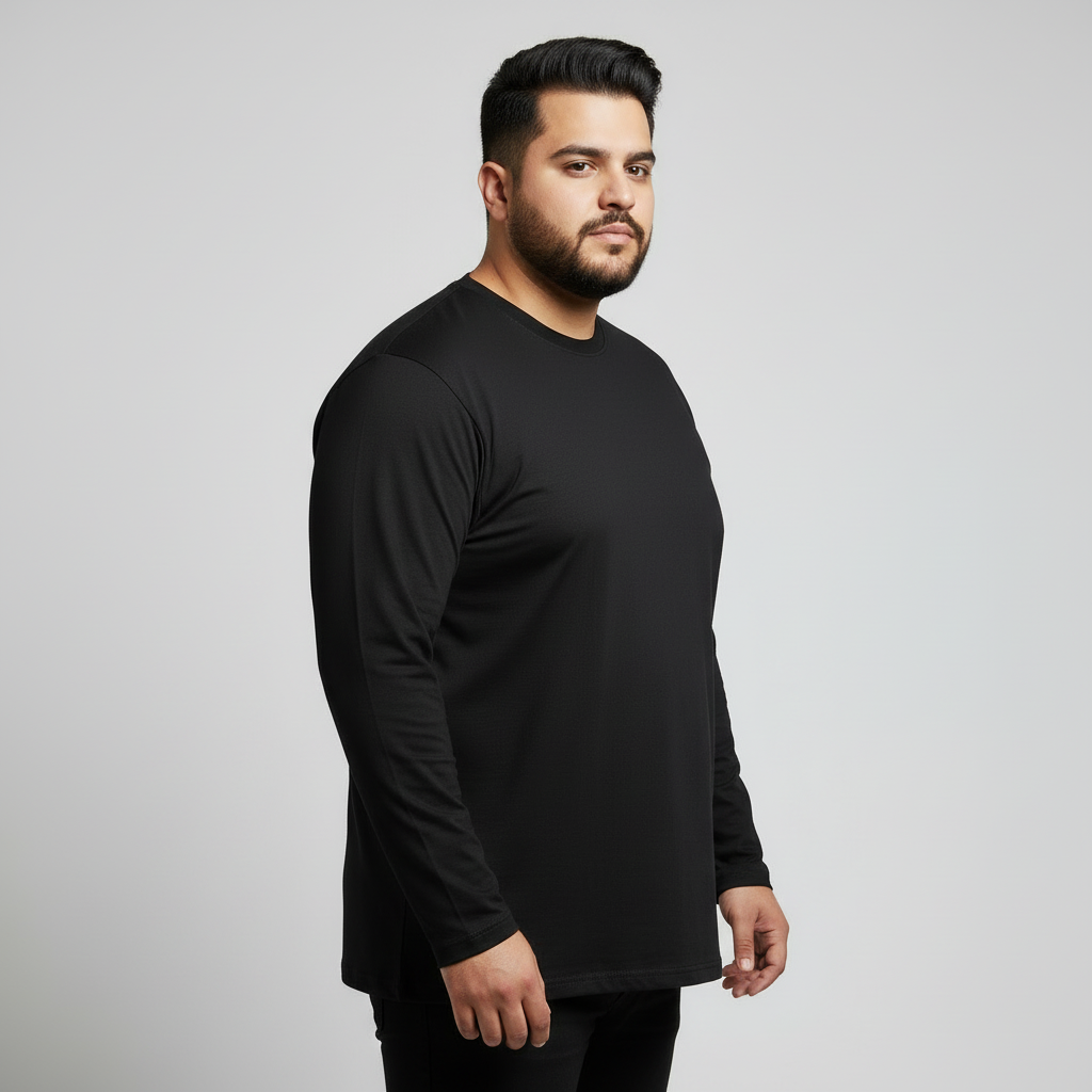 Black plus size jersey long sleeve t-shirt for men in soft cotton fabric, relaxed comfortable fit, full sleeves, crew neck style, ideal for everyday casual wear.