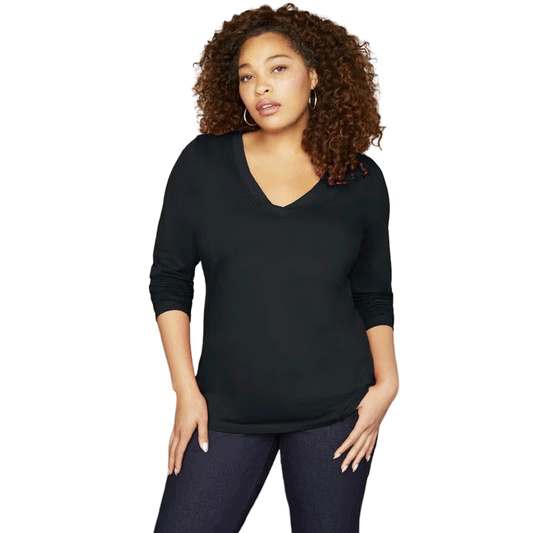 Black Long-Sleeve V-Neck Tunic PSW-9273