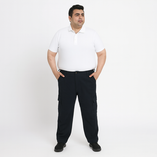 Plus size black denim cargo combat pants with multiple secure pockets and sturdy waistband.