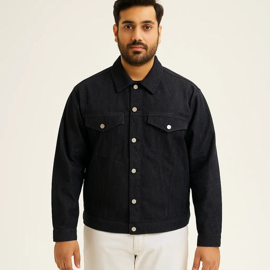 Man wearing black denim classic fit jacket with chest pockets and button-down front