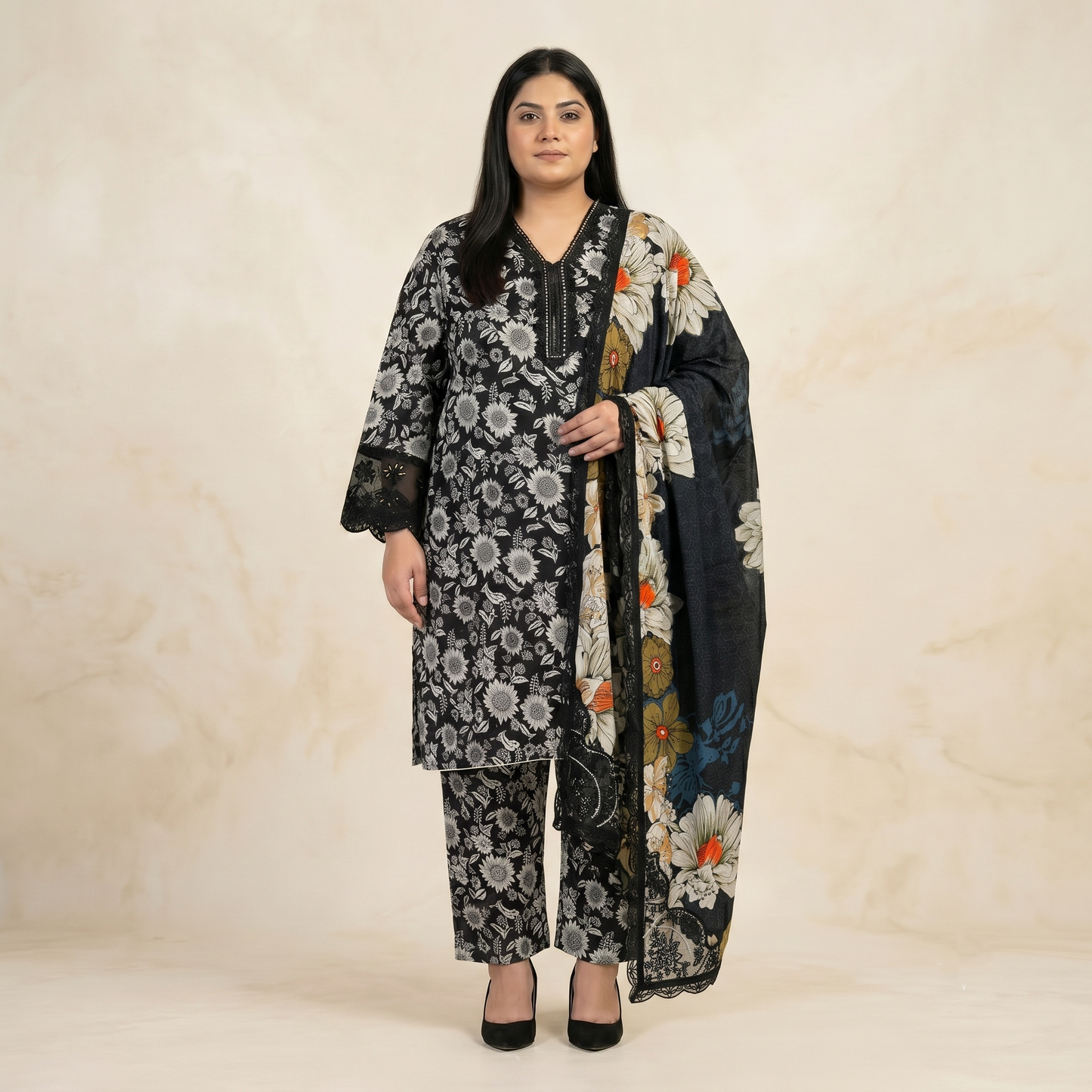 Charcoal Sunflower Luxe – 3 Piece Premium Lawn Panel Ensemble PSW-11234