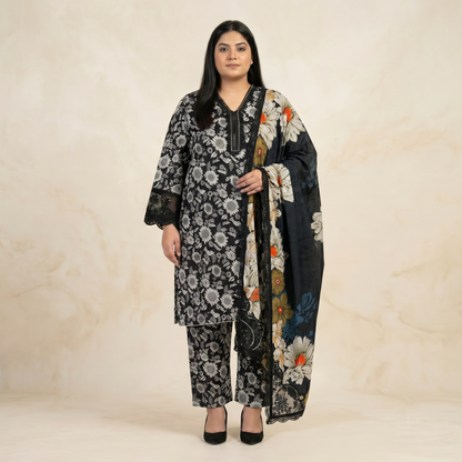 Charcoal Sunflower Luxe – 3 Piece Premium Lawn Panel Ensemble PSW-11234