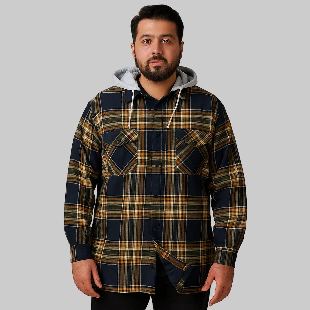 Plus-size Pakistani male model wearing black plaid fleece-lined shirt jacket without hood on light-gray background, front and back view.