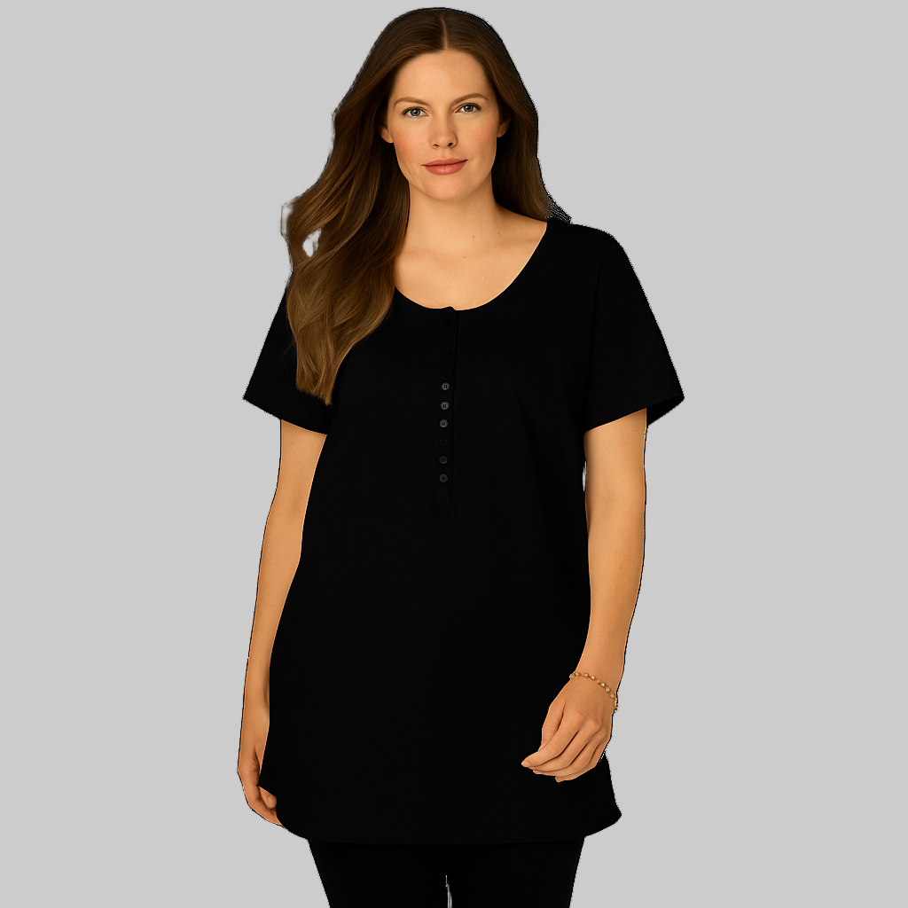 Plus-size woman wearing a black short-sleeve scoop-neck henley tunic with button placket, photographed on white background.