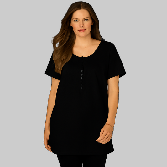 Plus-size woman wearing a black short-sleeve scoop-neck henley tunic with button placket, photographed on white background.